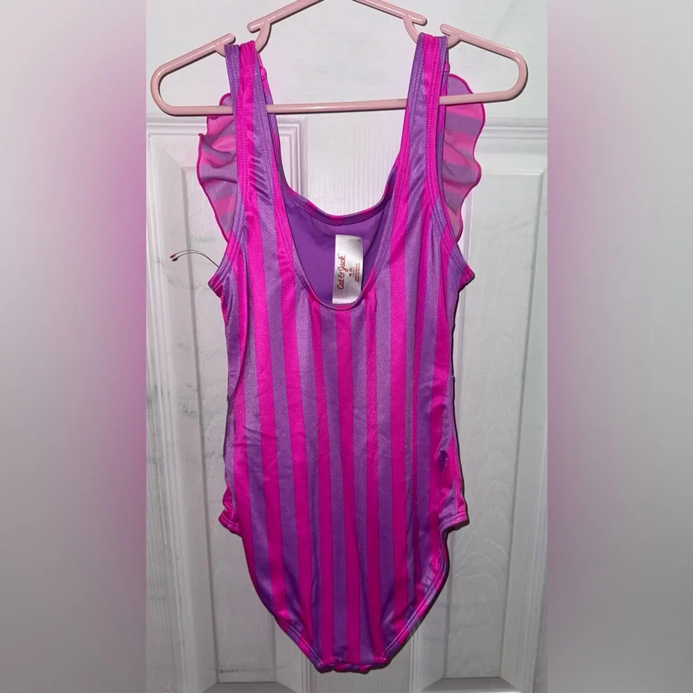 Cat & Jack Girls Ruffle Striped One Piece Swimsuit Size 8 Pink Purple